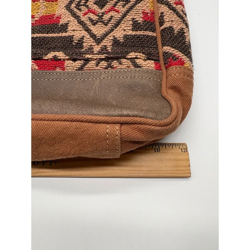 Myra Bag Southwestern Aztec Canvas Leather Crossbody Messenger Bag Brown